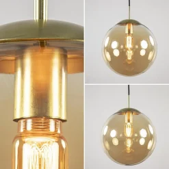 Amber glazen hanglamp 30 cm met messing en zwart><noscript><img width=