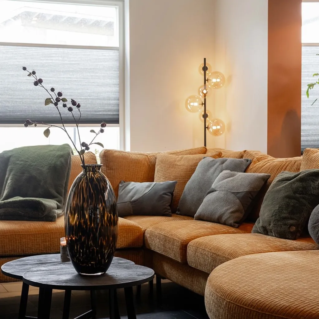 Art Deco vloerlamp zwart met amber glazen bollen>Straluma Fashion
