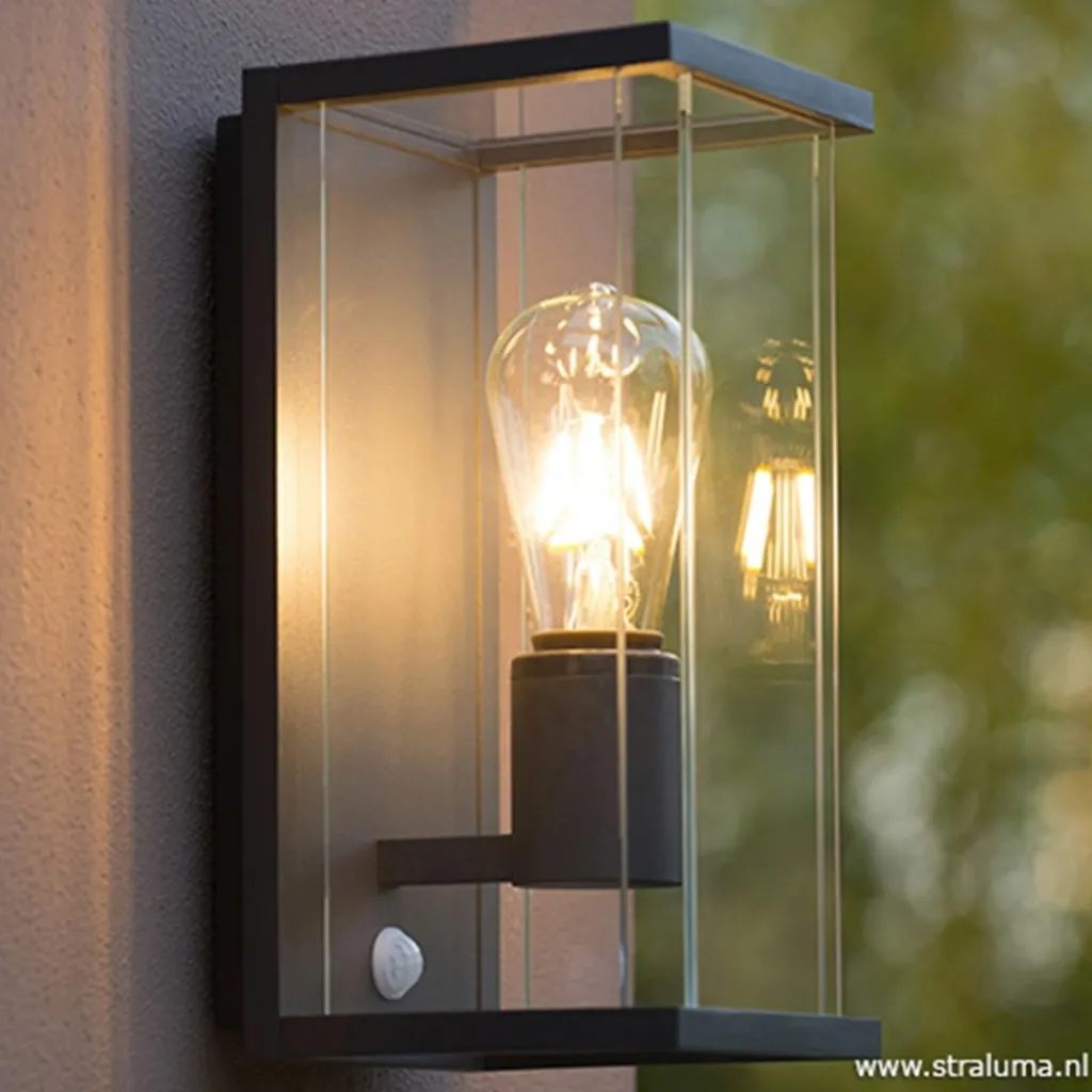 Buitenlamp antraciet/glas met bewegingssensor IP54>Straluma Shop