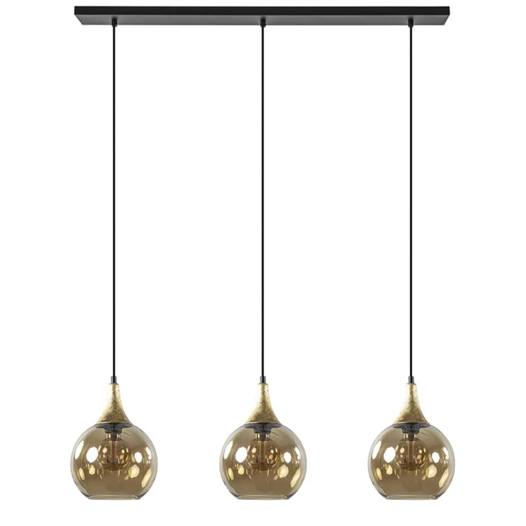 Chique 3-lichts hanglamp zwart/goud met amber glas>Straluma Outlet