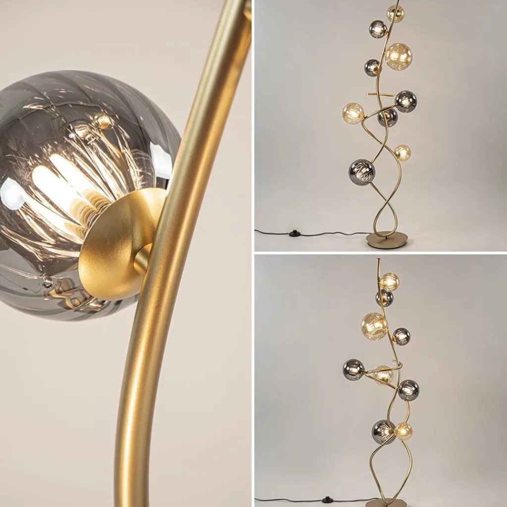 Chique vloerlamp goud met smoke en amber glazen bollen>Straluma Discount