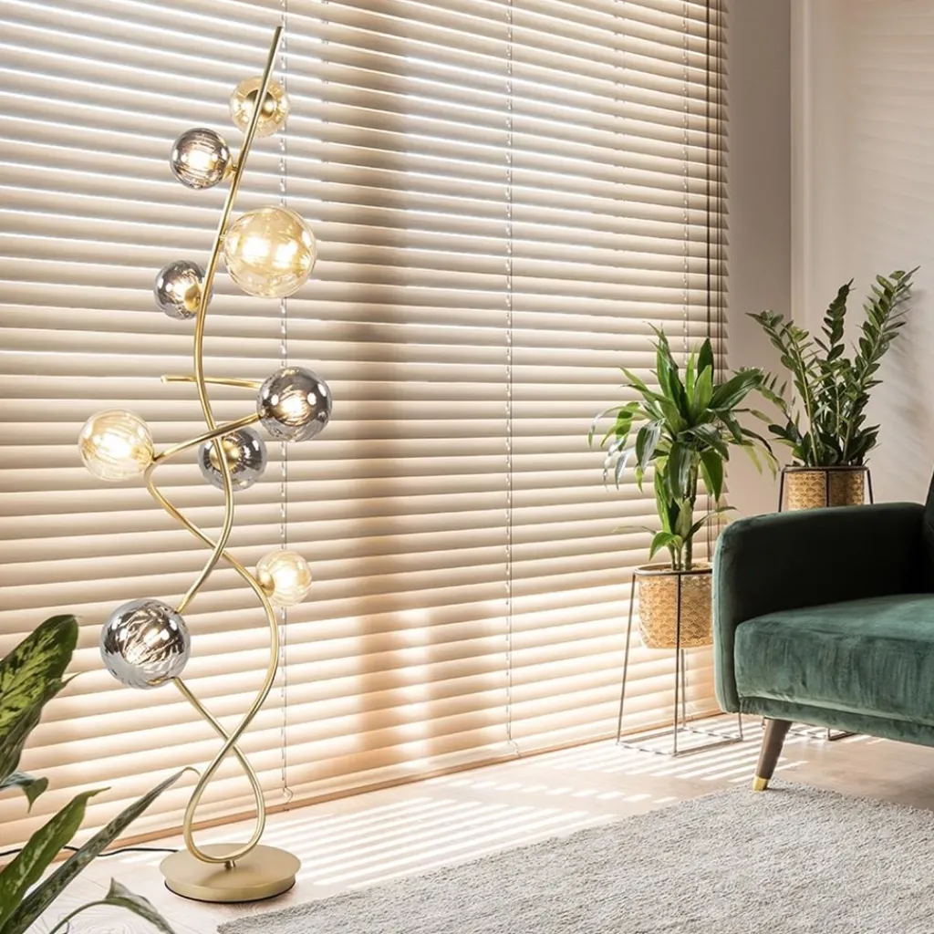 Chique vloerlamp goud met smoke en amber glazen bollen>Straluma Discount