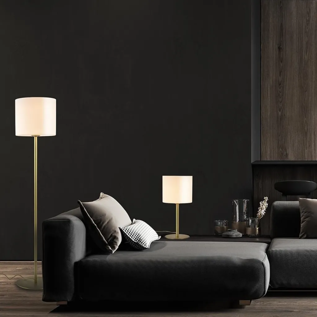 Chique vloerlamp mat goud met mat witte glazen kap>Straluma Shop