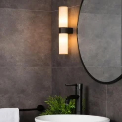 Cilinder badkamerlamp zwart met opaal glas IP44><noscript><img width=