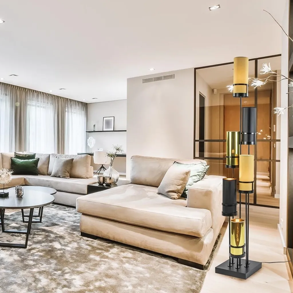 Design vloerlamp met cilinder kappen zwart/goud>Straluma Discount