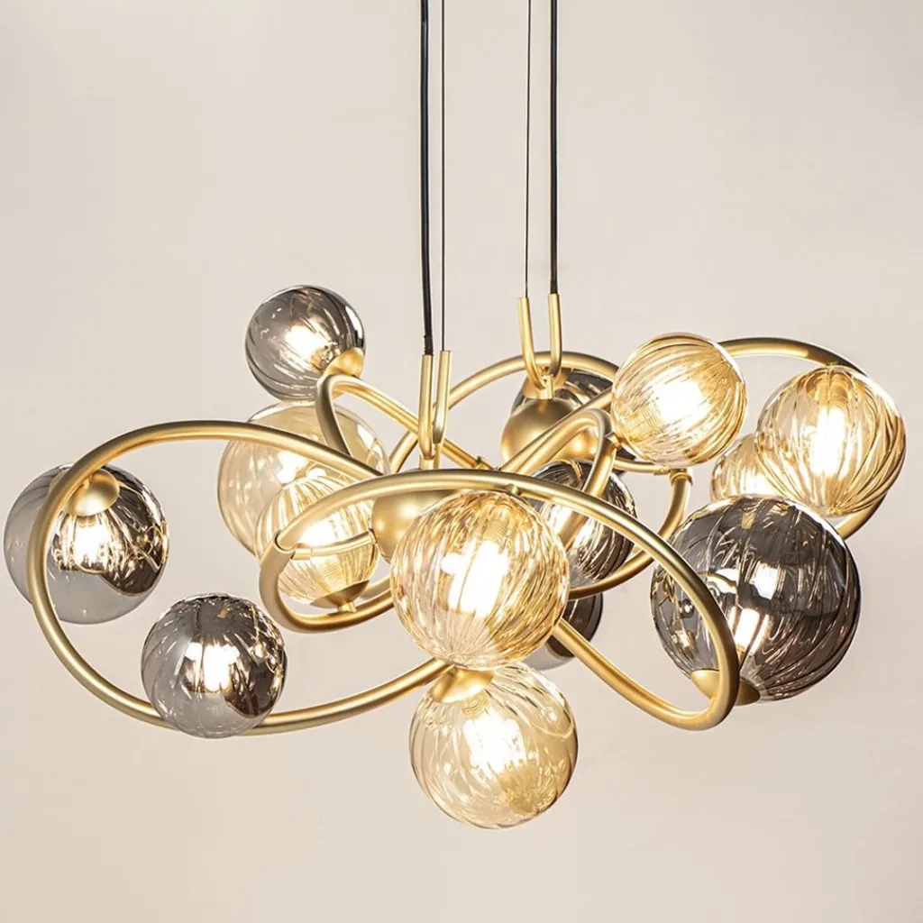 Grote hanglamp goud met amber/smoke glazen bollen>Straluma Fashion