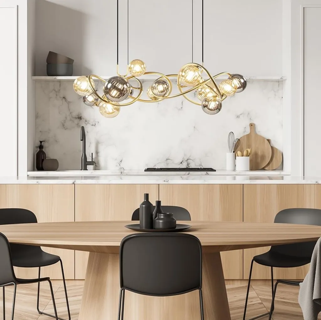 Grote hanglamp goud met amber/smoke glazen bollen>Straluma Fashion