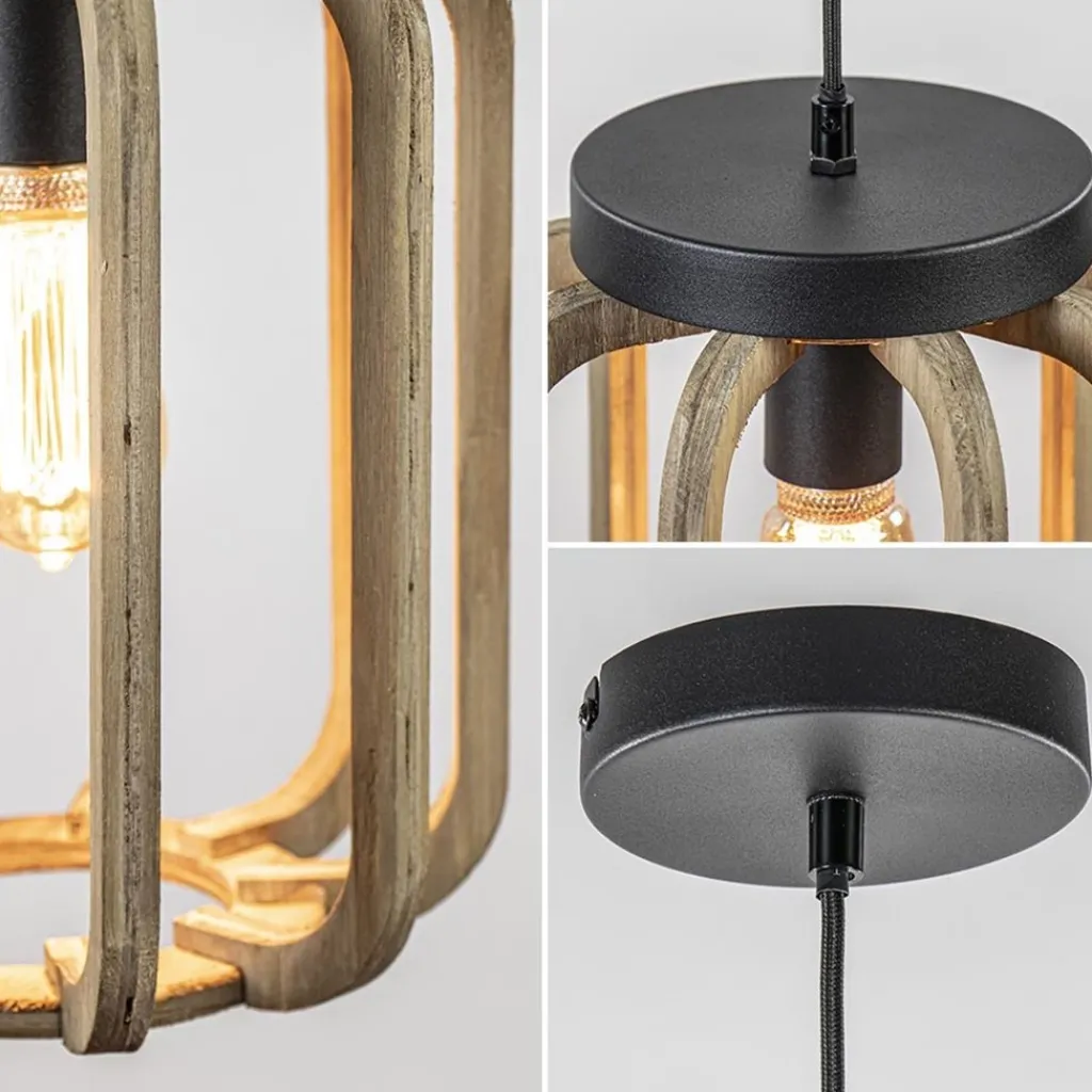 Industrieel landelijke hanglamp mat zwart met ruw hout>Straluma Online