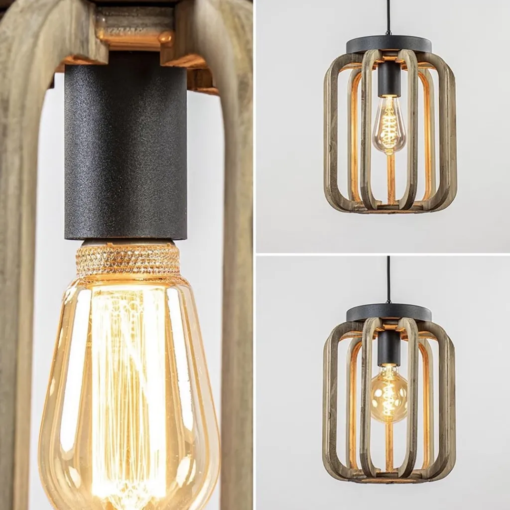 Industrieel landelijke hanglamp mat zwart met ruw hout>Straluma Online