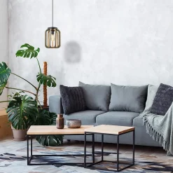 Industrieel landelijke hanglamp mat zwart met ruw hout><noscript><img width=