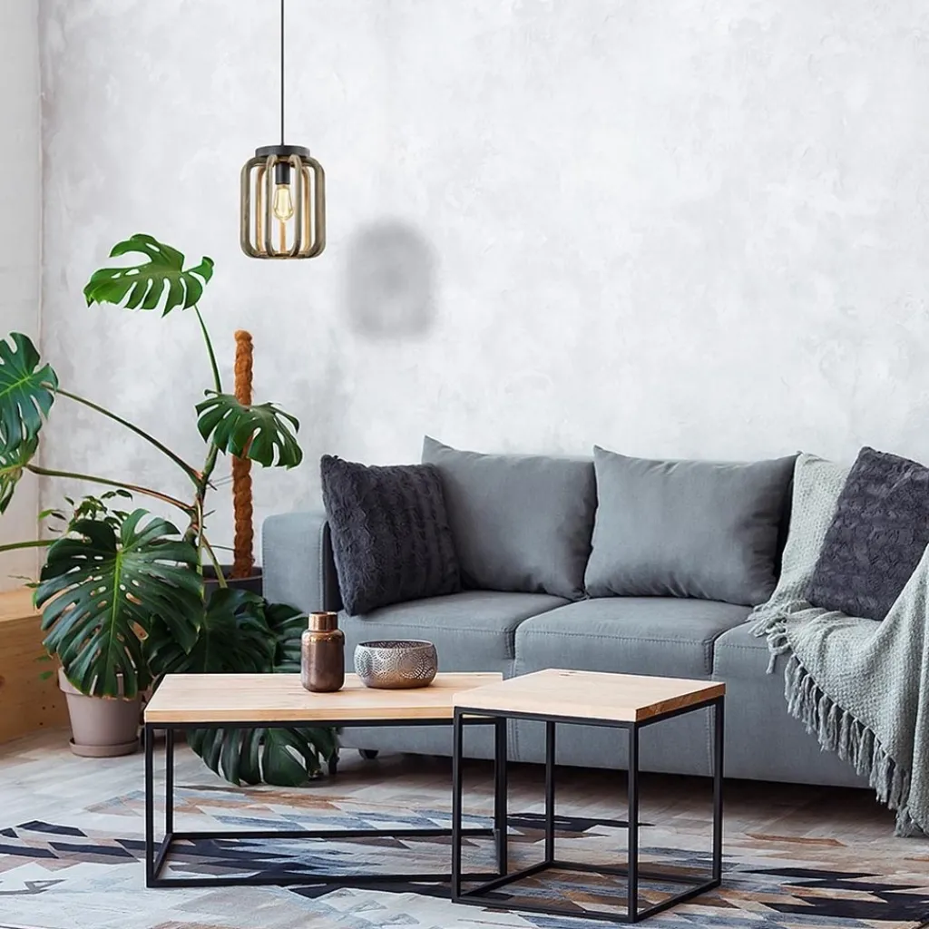 Industrieel landelijke hanglamp mat zwart met ruw hout>Straluma Online