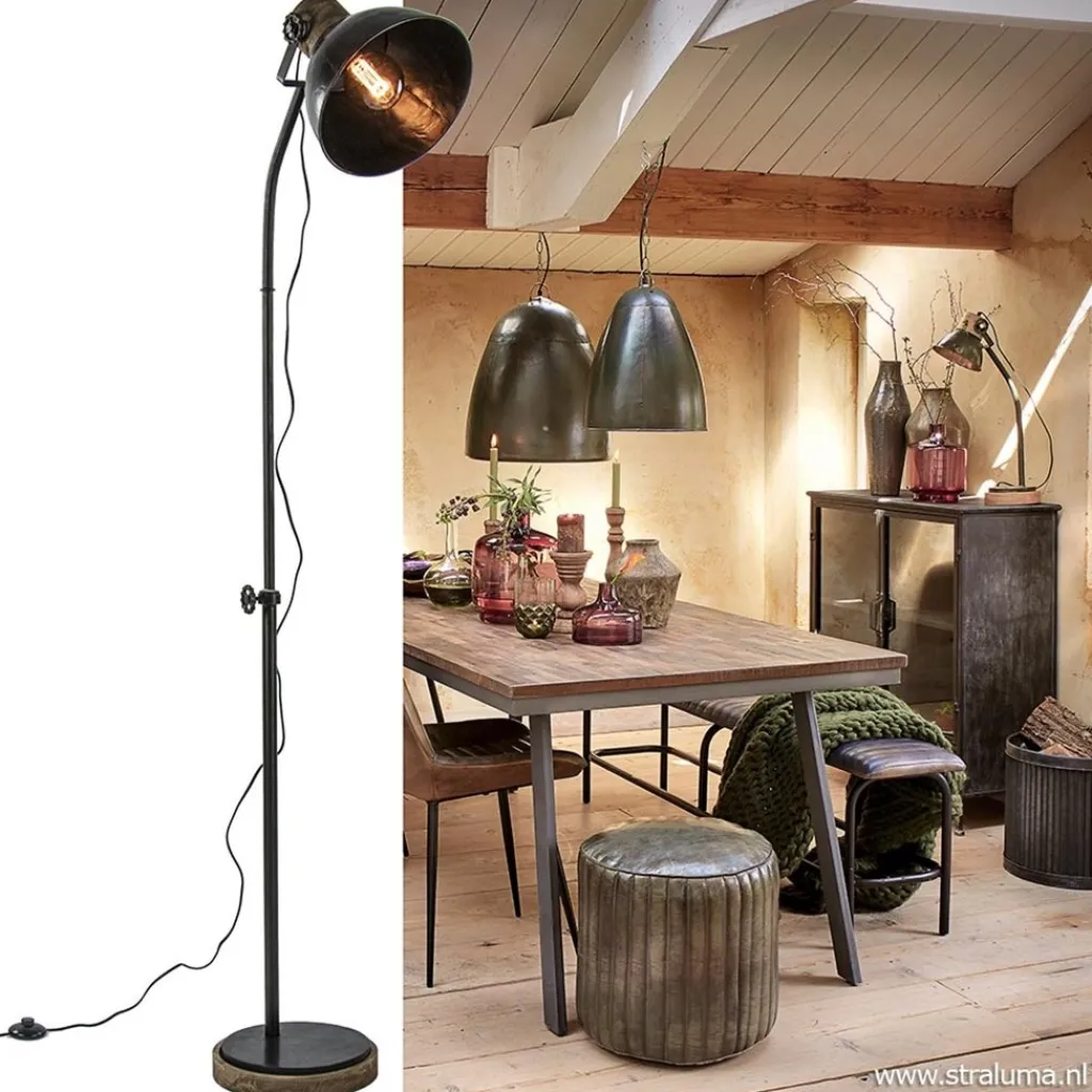 Industrieel landelijke vloerlamp Jody zink met hout>Straluma Cheap