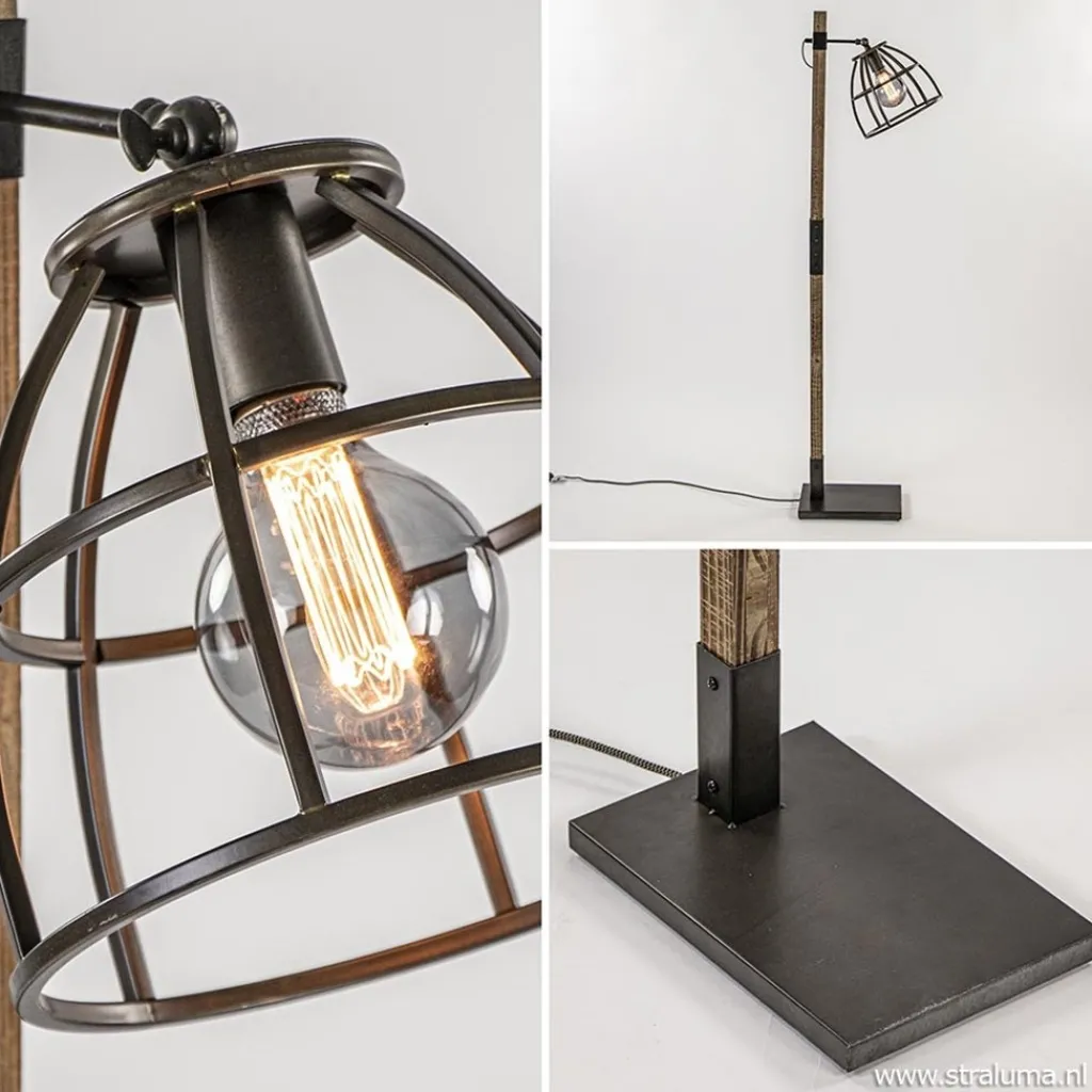 Industrieel landelijke vloerlamp Matrix hout met metalen korf>Straluma Online