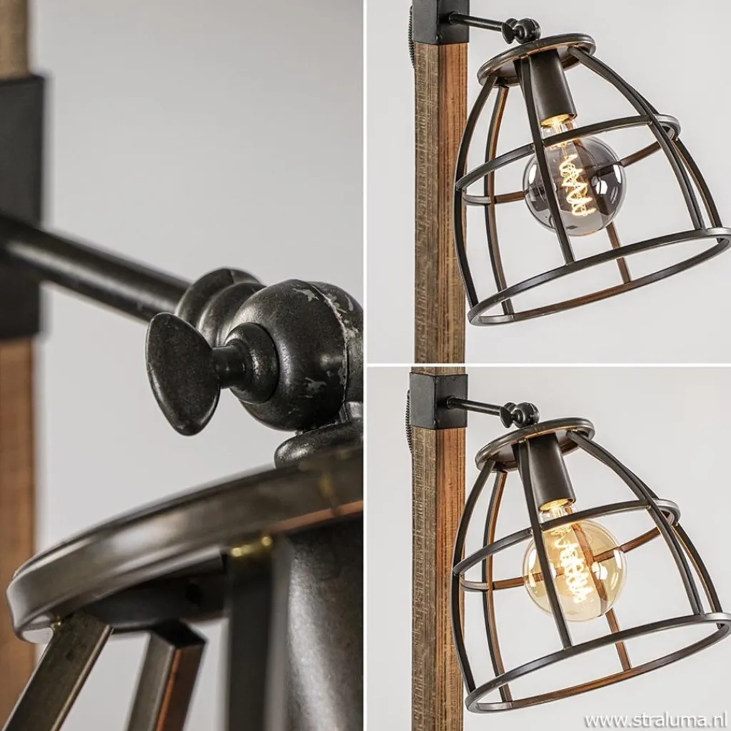 Industrieel landelijke vloerlamp Matrix hout met metalen korf>Straluma Online