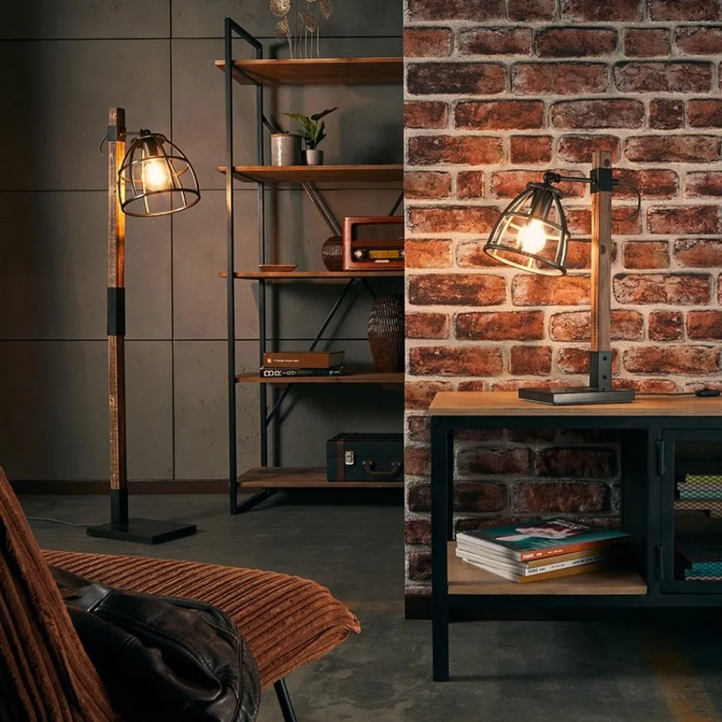 Industrieel landelijke vloerlamp Matrix hout met metalen korf>Straluma Online