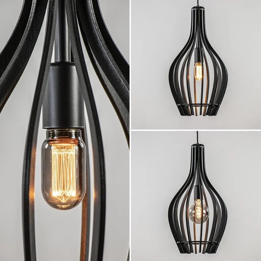 Kleine hanglamp kegel houten lamellen zwart>Straluma Outlet