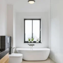 Kleine LED plafondlamp zwart met wit glas IP44><noscript><img width=
