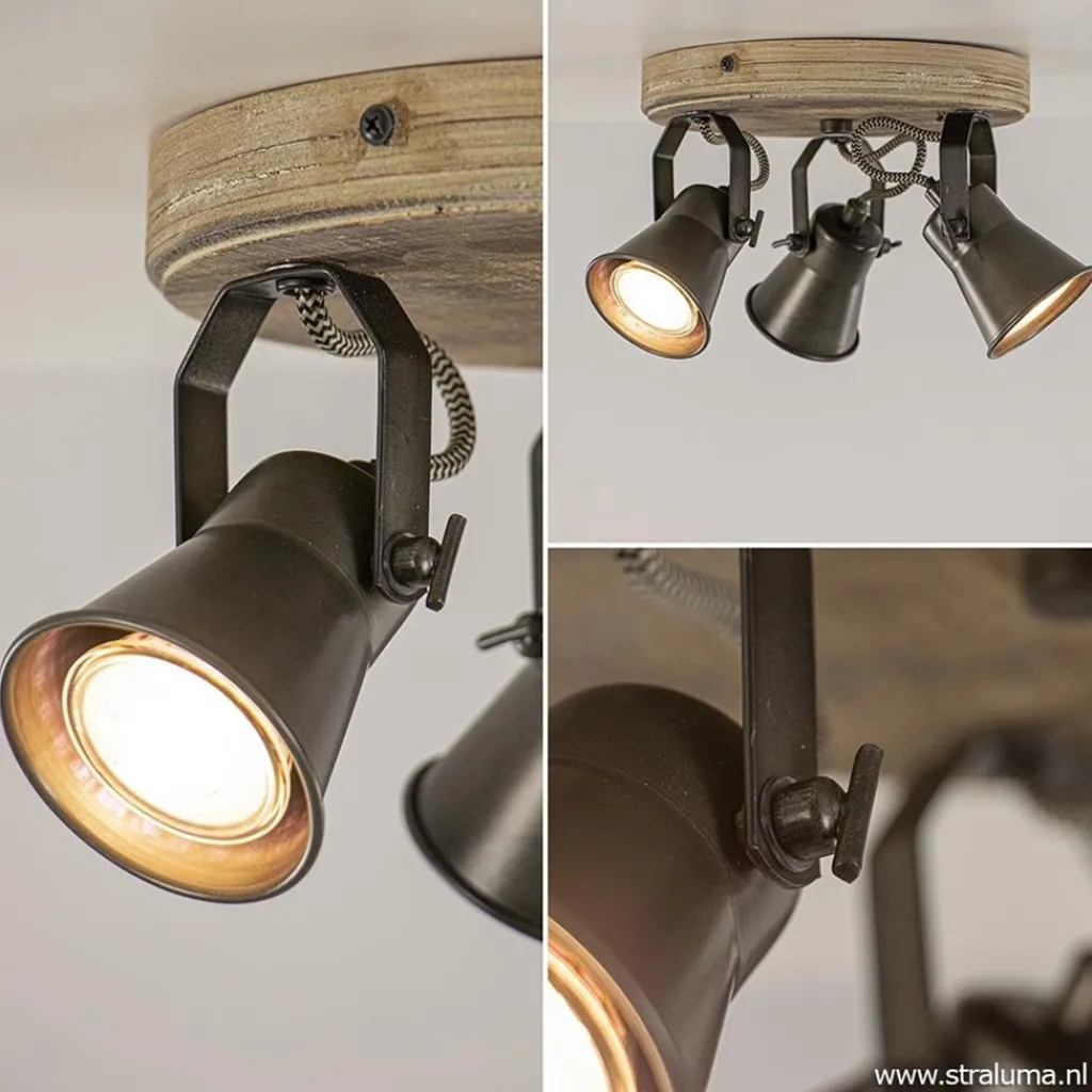 Landelijke 3-lichts plafondspot Seed metaal met hout>Straluma Cheap