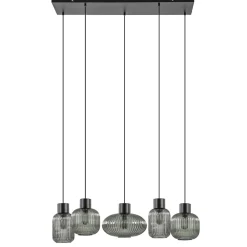 5-Lichts eettafelhanglamp geribbeld smoke glas met zwart>Straluma New