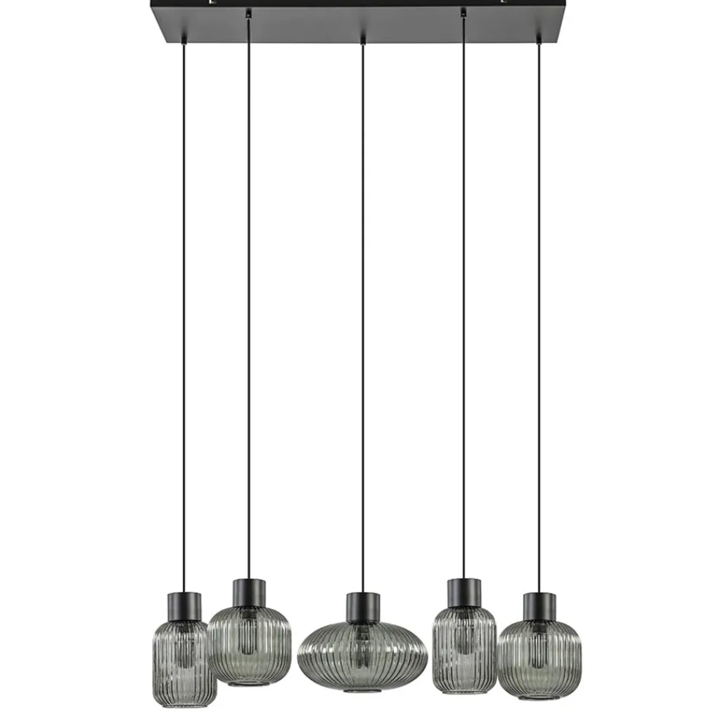5-Lichts eettafelhanglamp geribbeld smoke glas met zwart>Straluma New