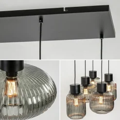 5-Lichts eettafelhanglamp geribbeld smoke glas met zwart><noscript><img width=