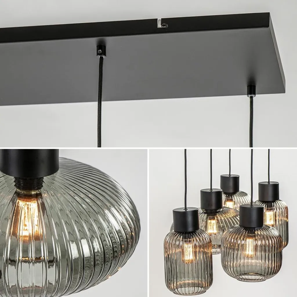 5-Lichts eettafelhanglamp geribbeld smoke glas met zwart>Straluma New
