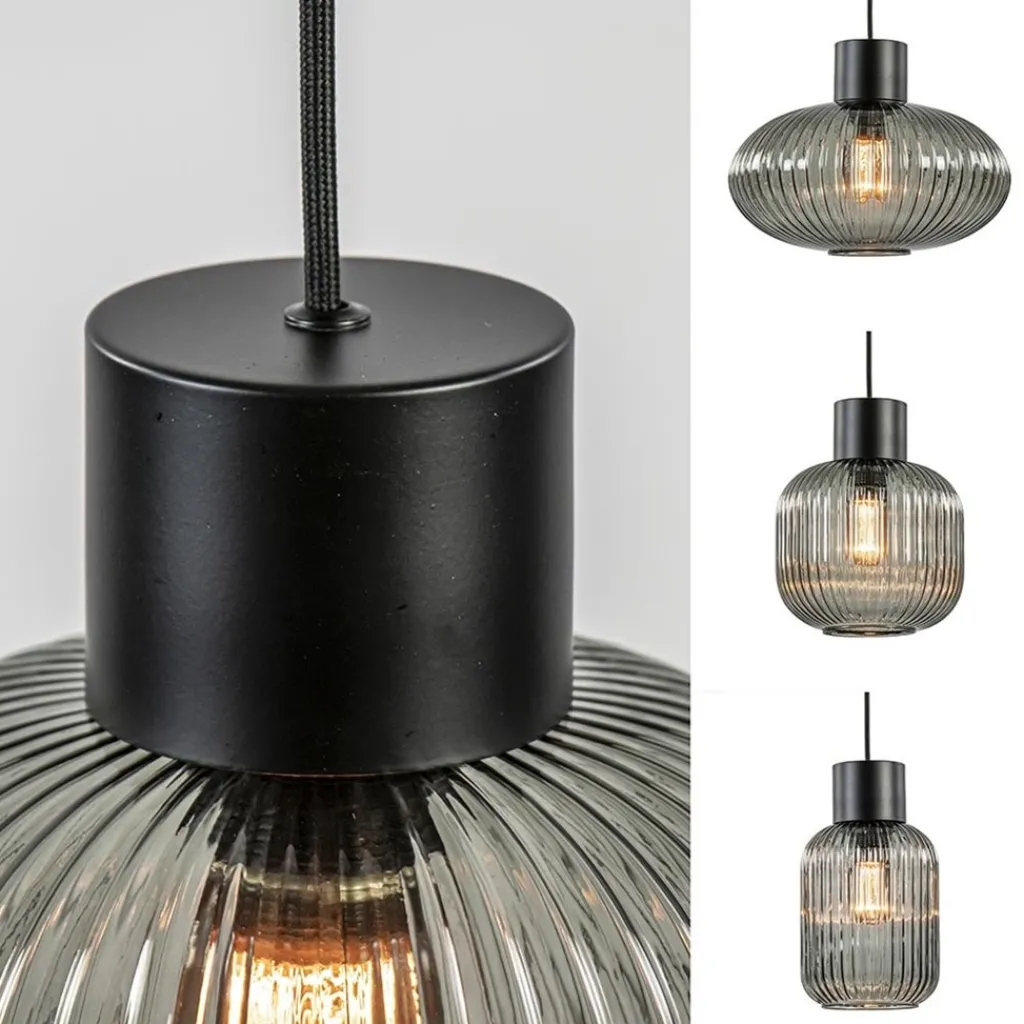 5-Lichts eettafelhanglamp geribbeld smoke glas met zwart>Straluma New