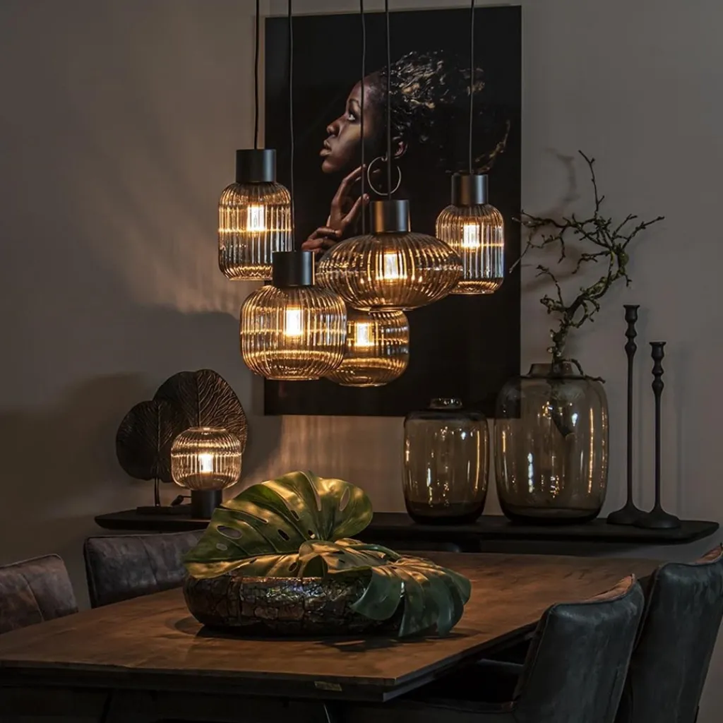 5-Lichts eettafelhanglamp geribbeld smoke glas met zwart>Straluma New