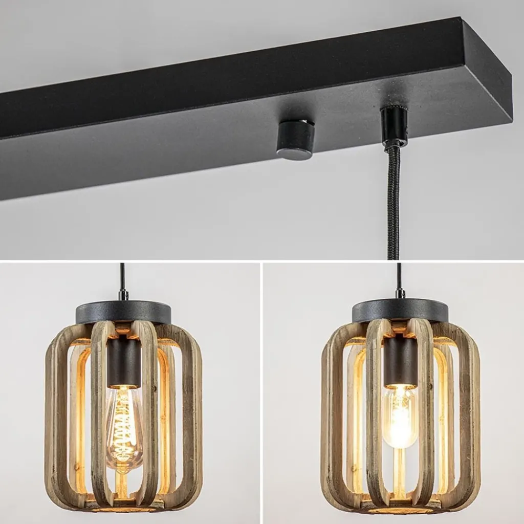 4-Lichts eettafelhanglamp mat zwart met ruw hout>Straluma Clearance