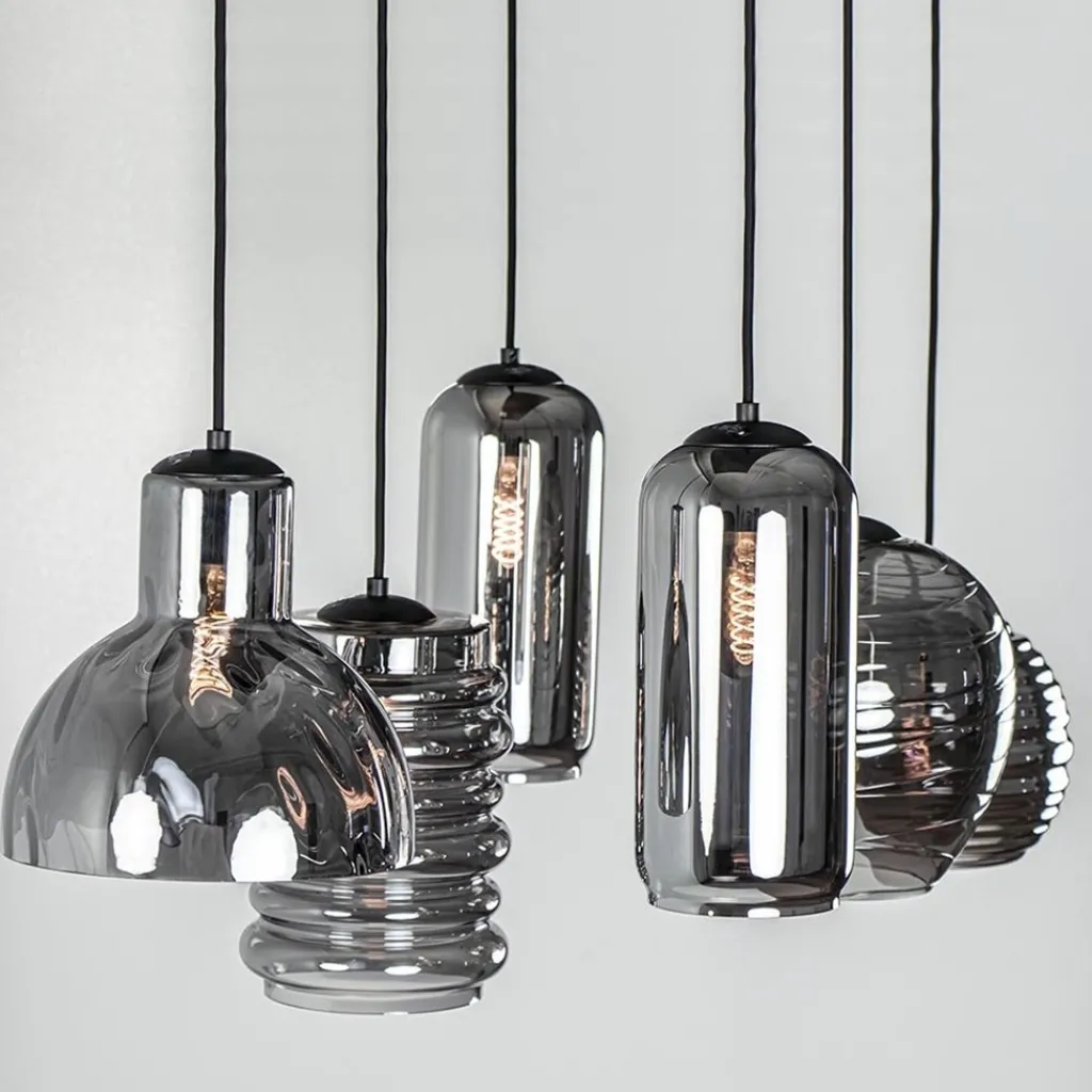 6-Lichts eettafelhanglamp met smoke/titanium glas>Straluma Fashion