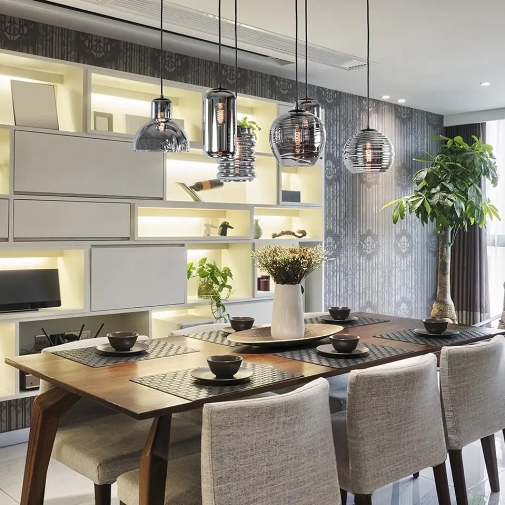 6-Lichts eettafelhanglamp met smoke/titanium glas>Straluma Fashion