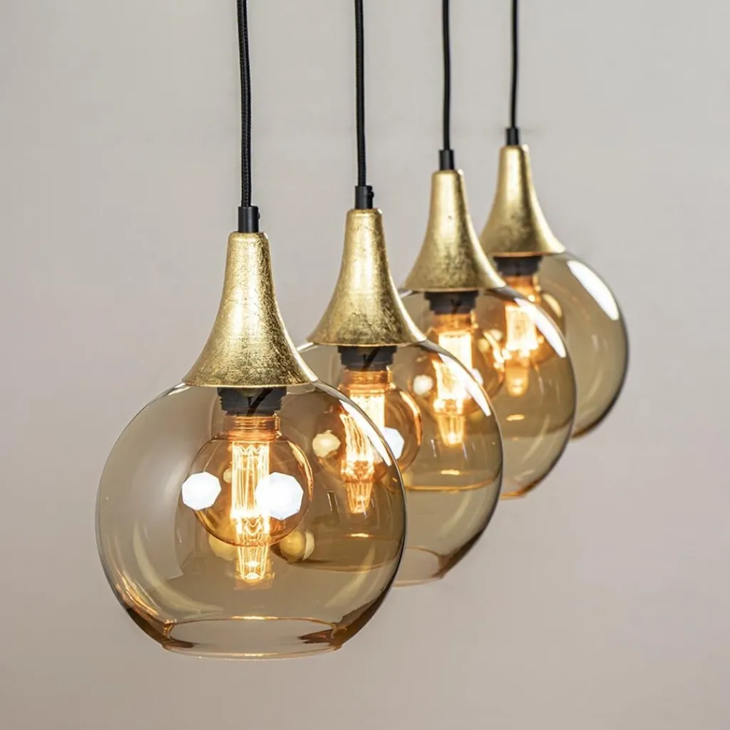 4-Lichts eettafelhanglamp zwart/goud met amber glazen bollen>Straluma Flash Sale