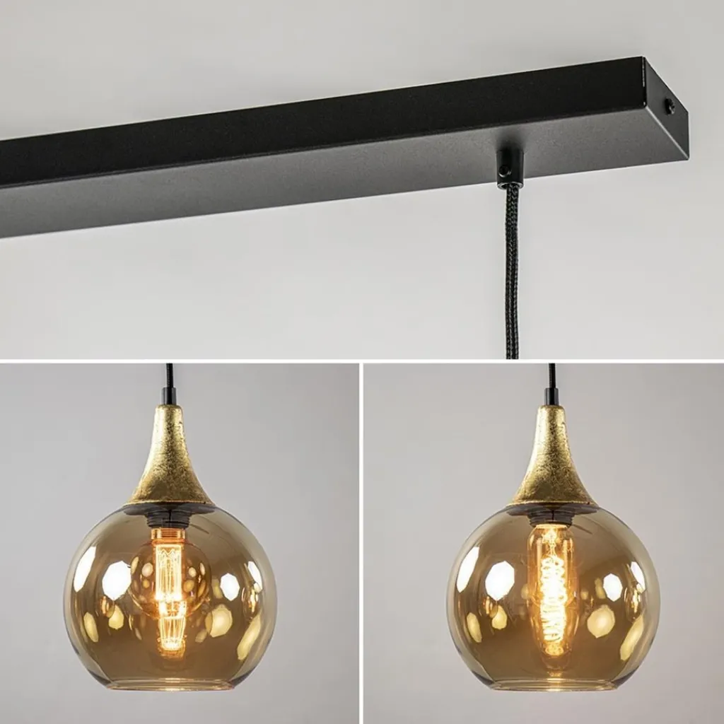 4-Lichts eettafelhanglamp zwart/goud met amber glazen bollen>Straluma Flash Sale