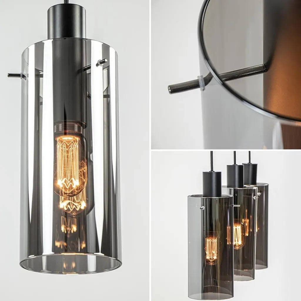3-Lichts eettafelhanglamp zwart met cilinder smoke glas>Straluma Best