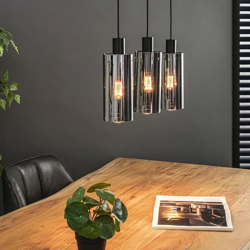 3-Lichts eettafelhanglamp zwart met cilinder smoke glas>Straluma Best