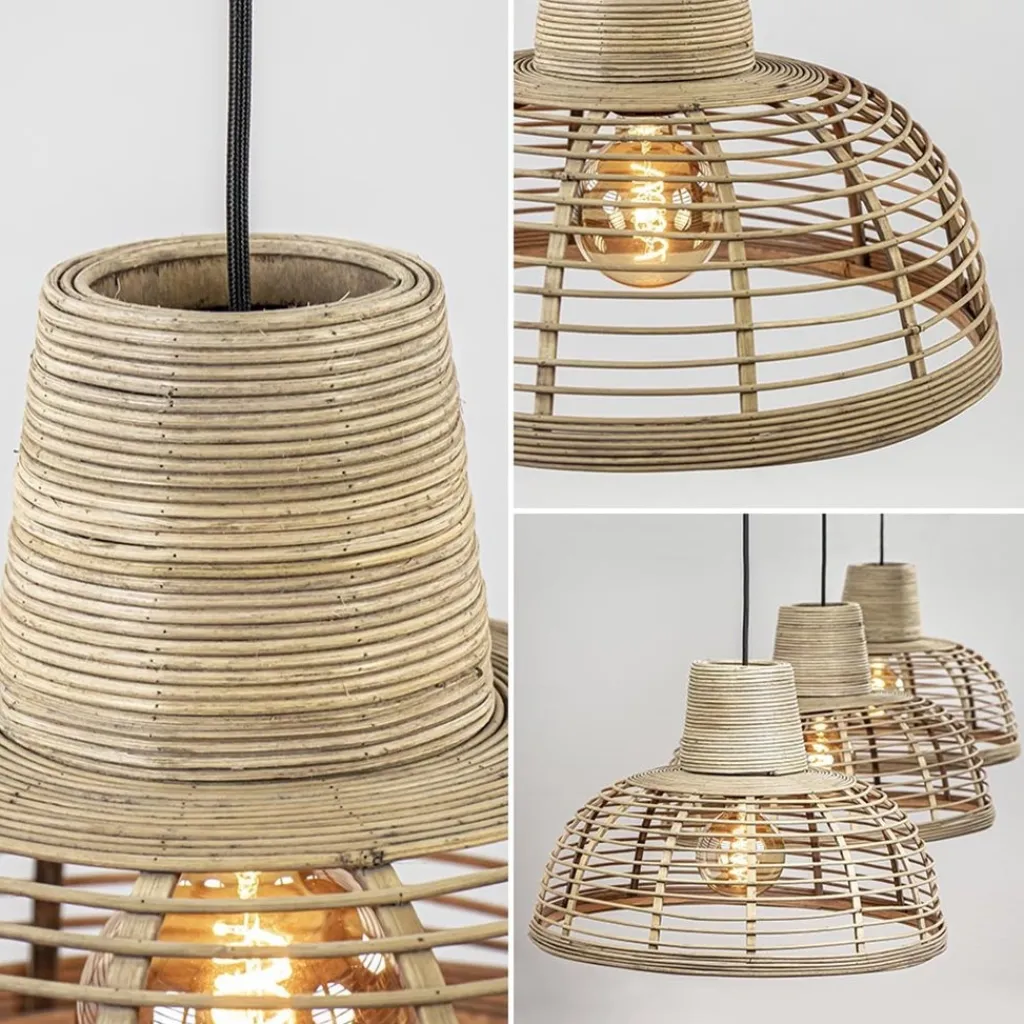 3-Lichts eettafelhanglamp zwart met rotan kappen>Straluma Discount