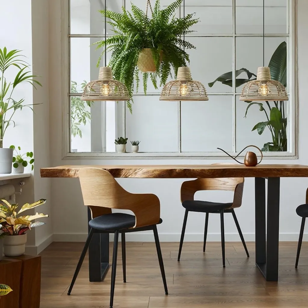 3-Lichts eettafelhanglamp zwart met rotan kappen>Straluma Discount