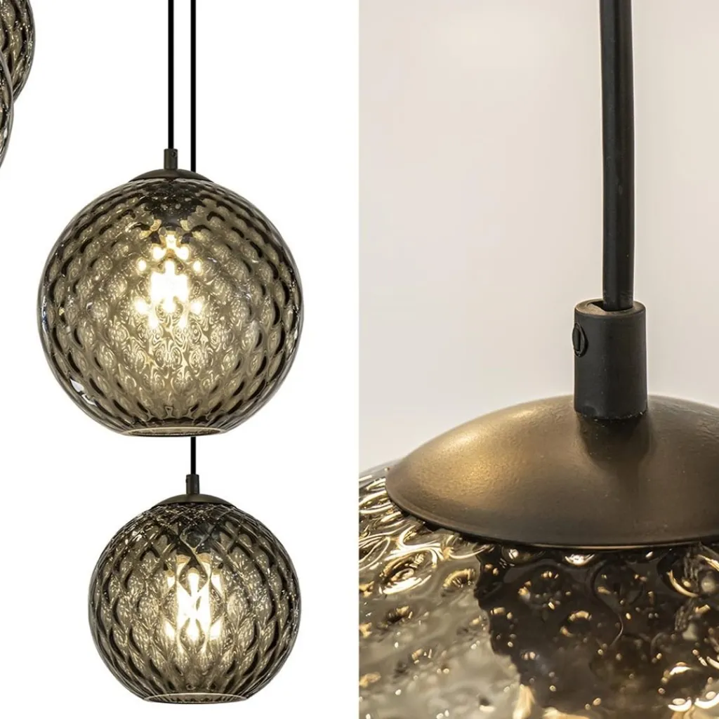 8-Lichts eettafelhanglamp zwart met smoke glazen kappen reliëf>Straluma Hot