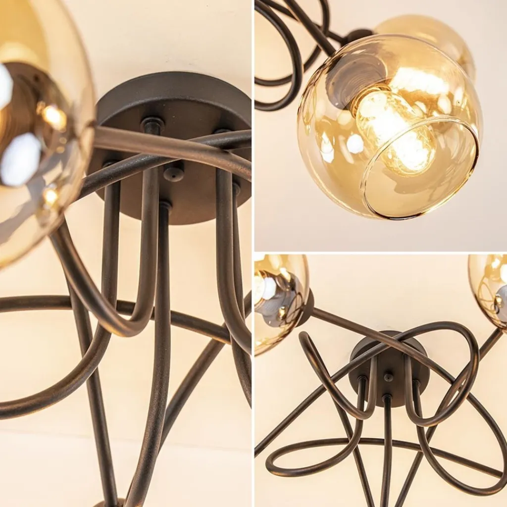 5-Lichts klassieke plafondlamp zwart met amber glazen bollen>Straluma Fashion