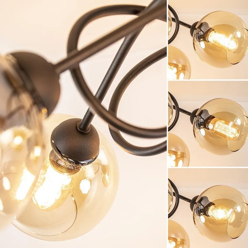 5-Lichts klassieke plafondlamp zwart met amber glazen bollen>Straluma Fashion