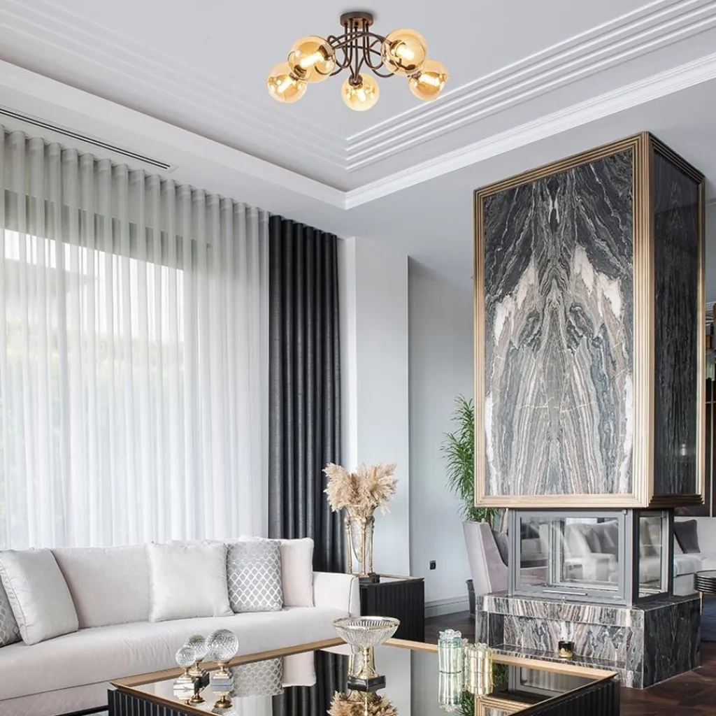 5-Lichts klassieke plafondlamp zwart met amber glazen bollen>Straluma Fashion