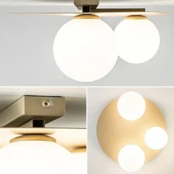 3-Lichts plafondlamp mat goud met witte bollen><noscript><img width=