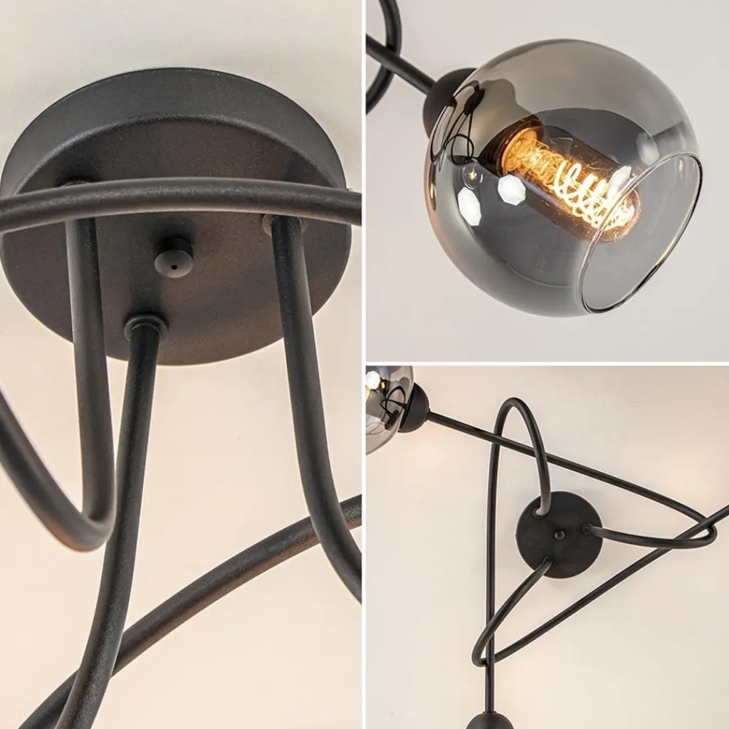 3-Lichts plafondlamp zwart met smoke glazen bollen>Straluma Outlet