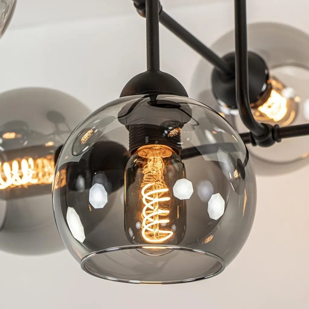 6-Lichts plafondlamp zwart met smoke glazen bollen>Straluma Clearance