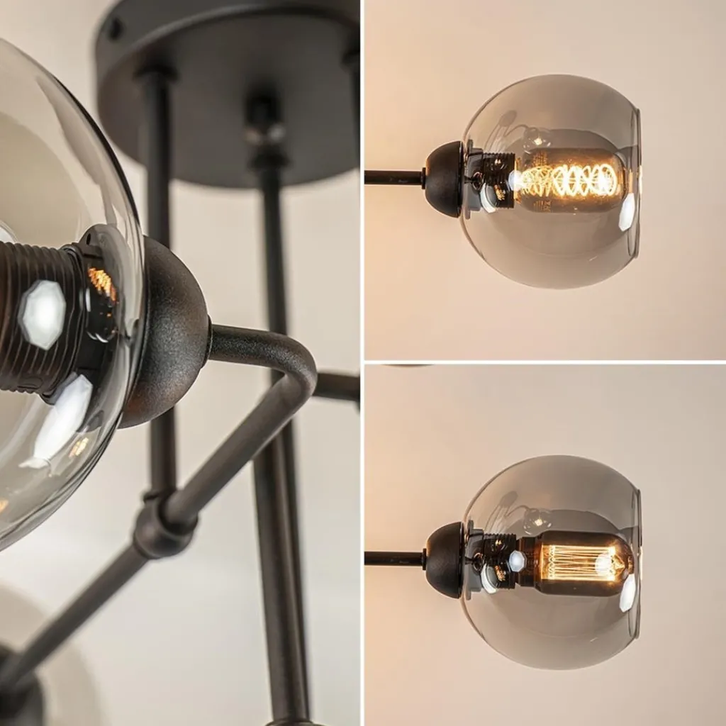 6-Lichts plafondlamp zwart met smoke glazen bollen>Straluma Clearance