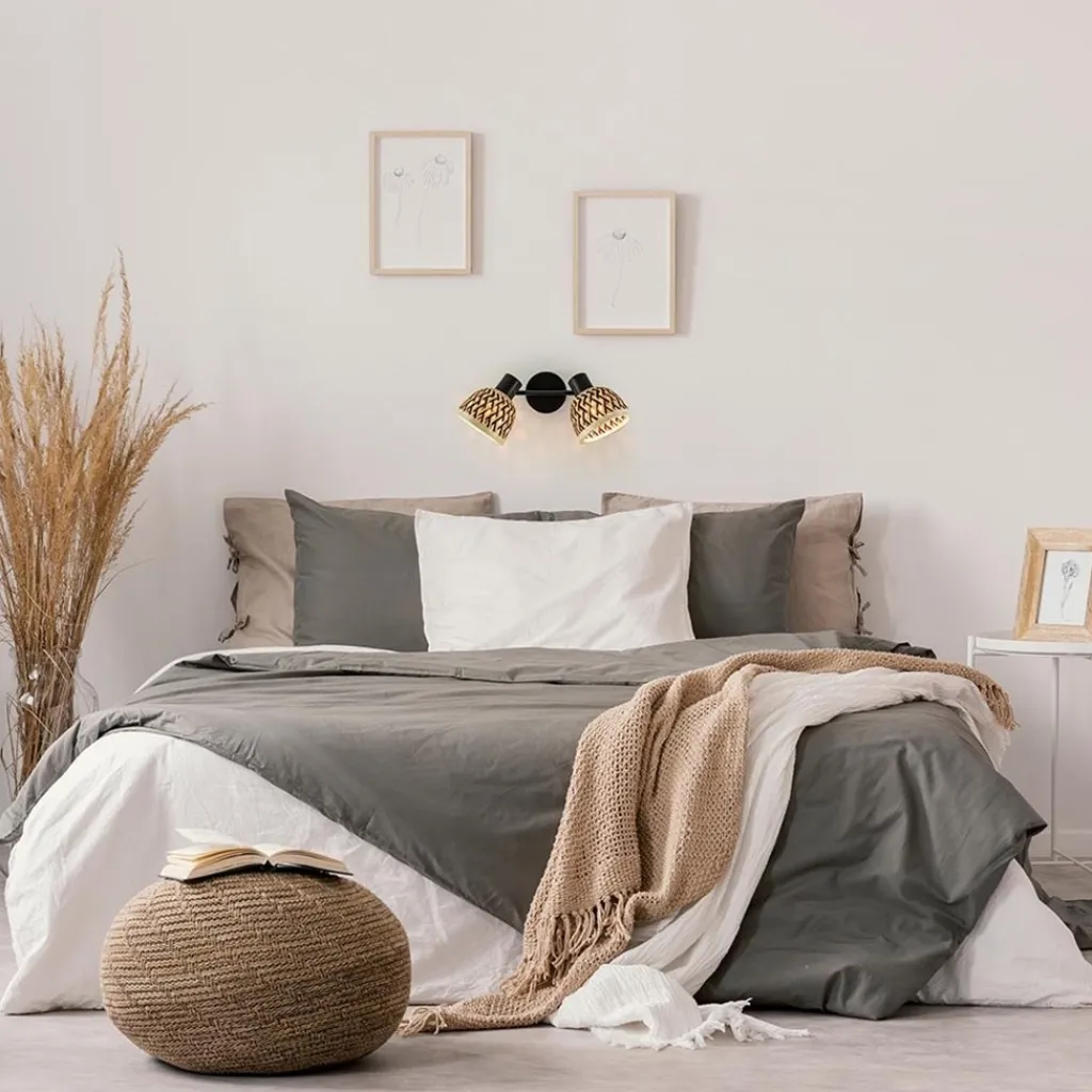 2-Lichts plafond/wandlamp zwart met bamboe kappen>Straluma Fashion