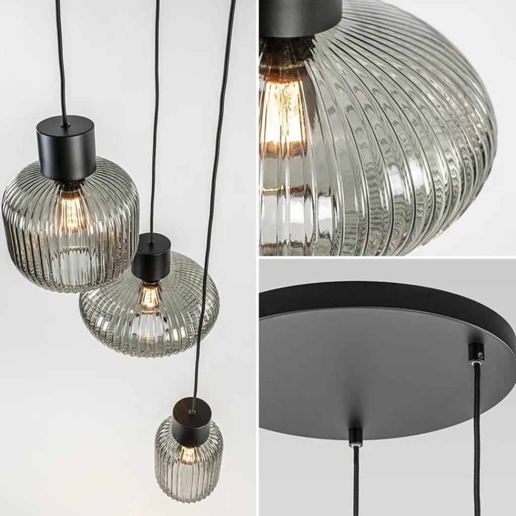3-Lichts ronde eettafelhanglamp zwart met smoke glas>Straluma Online