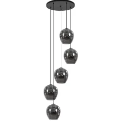 5-Lichts ronde hanglamp zwart met smokey glas>Straluma New