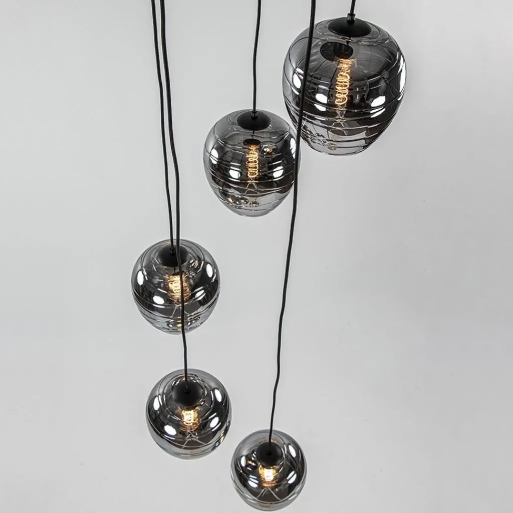 5-Lichts ronde hanglamp zwart met smokey glas>Straluma New