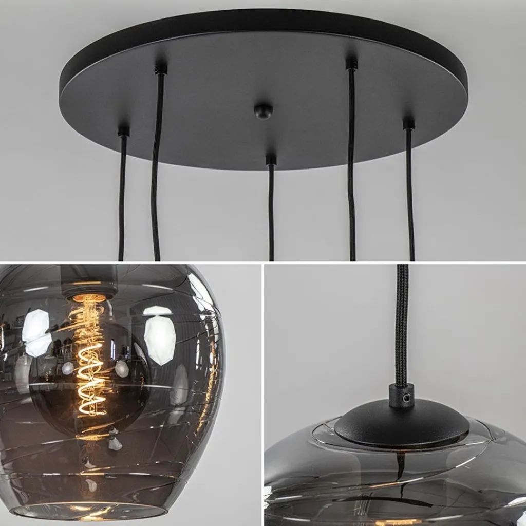 5-Lichts ronde hanglamp zwart met smokey glas>Straluma New